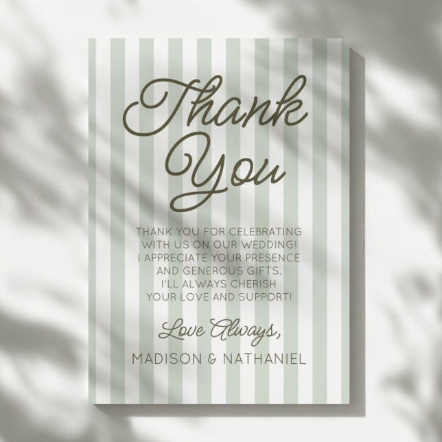 Carte De Remerciements Modern Minimalist Sage Green Stripes Wedding (Créateur téléchargé)