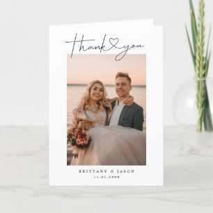 Carte De Remerciements Modern Minimalist Script Heart Wedding Photo