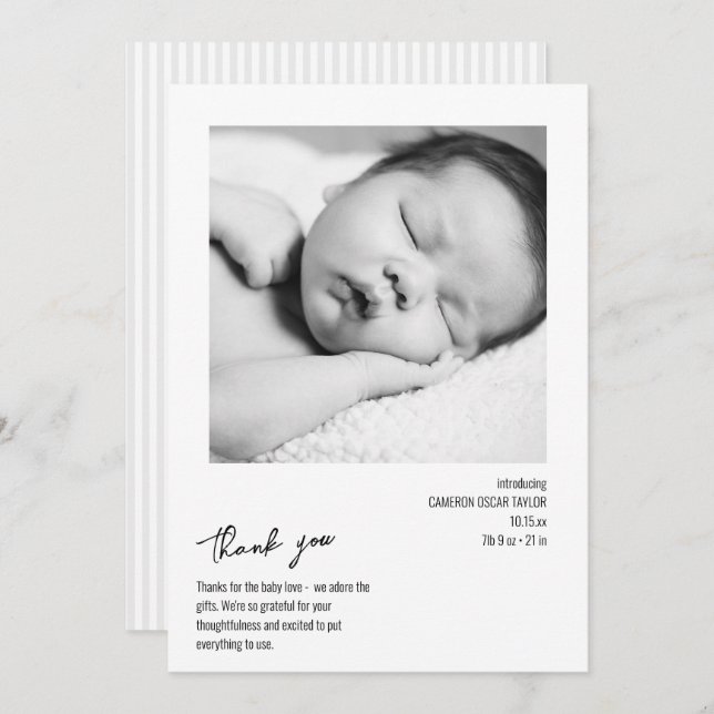 Carte De Remerciements Modern Minimalist Stripe Baby Photo Birth Arrival (Devant / Derrière)