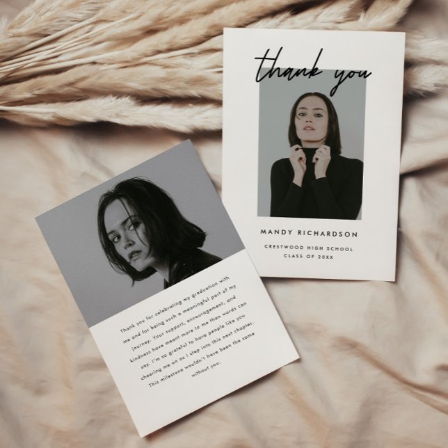 Carte De Remerciements Modern Minimalistic Script 2-Photo Graduation (Créateur téléchargé)