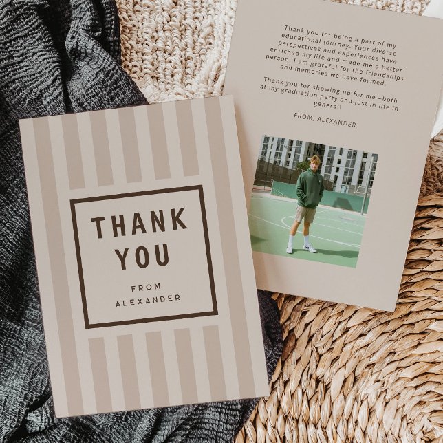 Carte De Remerciements Modern Neutral Stripes Graduation Thank You (modern grey and beige sporty stripes graduation thank you card)