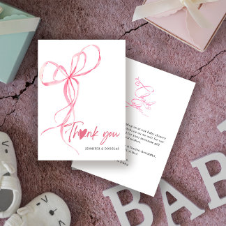 Carte De Remerciements Modern Pink Bow Baby Shower Ribbon Heart