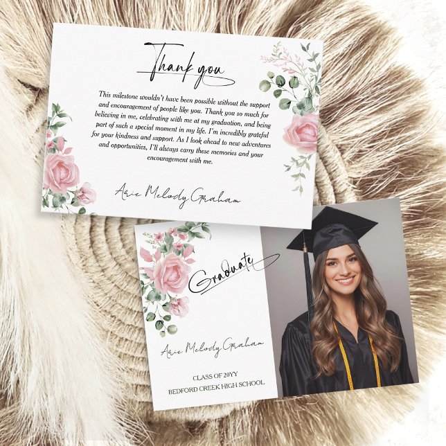 Carte De Remerciements Modern Pink Roses Script Graduation Photo (Créateur téléchargé)
