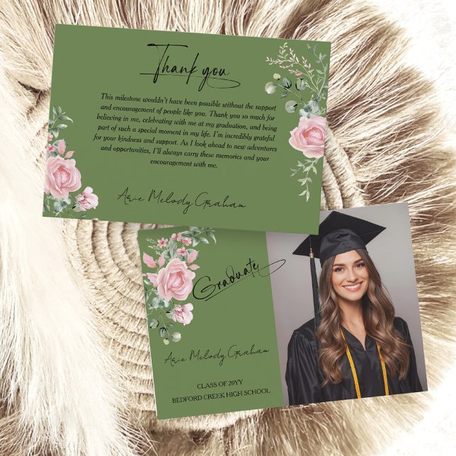 Carte De Remerciements Modern Pink Roses Script Graduation Photo (Créateur téléchargé)