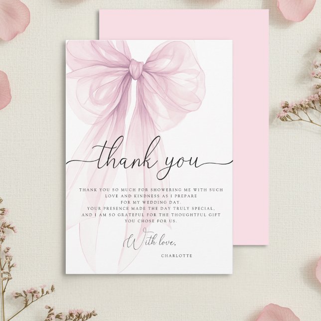 Carte De Remerciements Modern Pink Watercolor Bow Bridal Shower (Créateur téléchargé)