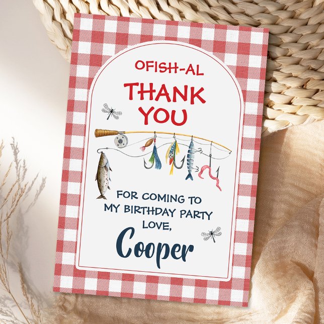Carte De Remerciements Modern Red Ofishally One 1st Birthday  (Fishing Birthday Thank You Card, Ofishally One Birthday Thank you Card, Red Gingham Fishing Card
)