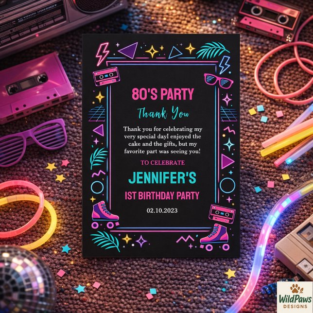 Carte De Remerciements Modern Retro Neon 80’s 1st Birthday Party (Modern Retro Neon 80’s 1st Birthday Party Thank You Card)