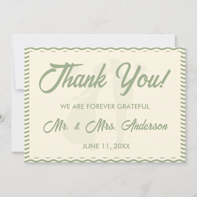 Carte De Remerciements Modern Sage Green Wavy Stripe Photo Wedding (Devant)