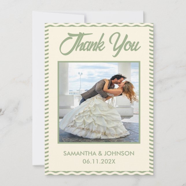 Carte De Remerciements Modern Sage Green Wavy Stripe Wedding Photo (Devant)