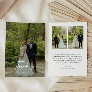 Carte De Remerciements Modern Script 3-Photo Custom Wedding