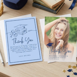 Carte De Remerciements Modern Script Navy Blue Graduation Photo