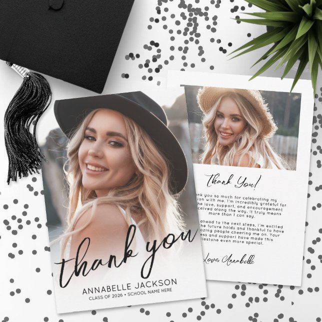 Carte De Remerciements Modern Script Photo Graduation (Modern Script Photo Graduation Thank You Card)