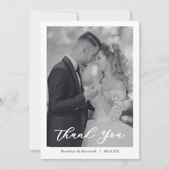 Carte De Remerciements Modern Script Photo Wedding (Devant)