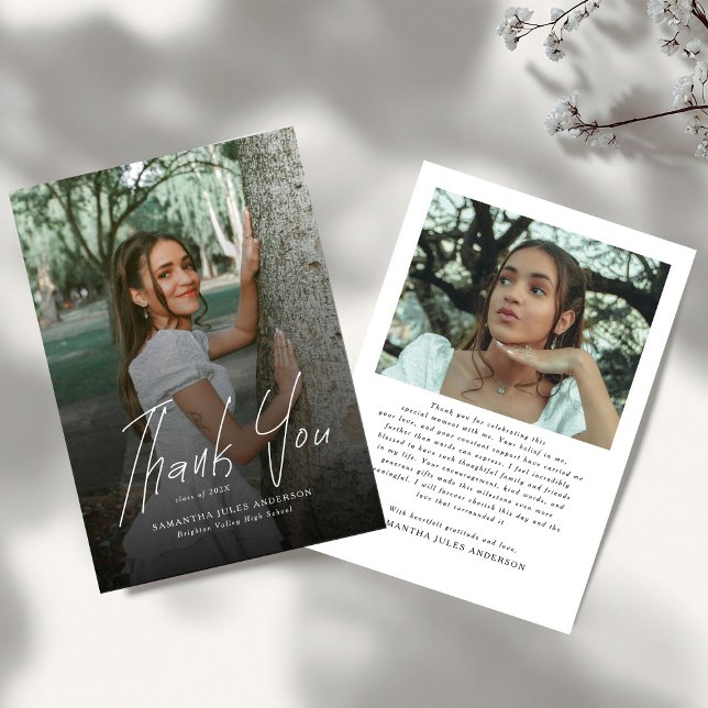 Carte De Remerciements Modern Script Simple Photo Graduation  (Créateur téléchargé)