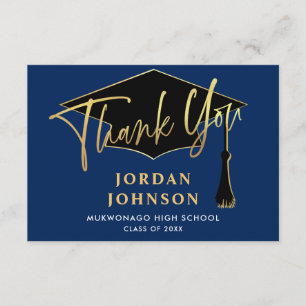 Carte De Remerciements Modern Simple Minimalist Golden Navy Graduation