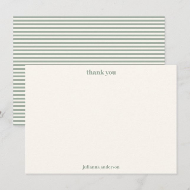 Carte De Remerciements Modern Simple Sage Green Stripes Personalized Name (Devant / Derrière)