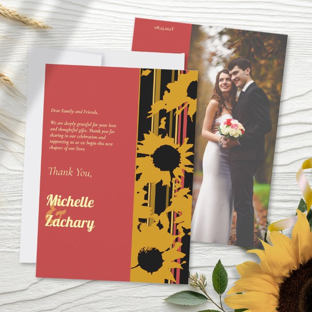 Carte De Remerciements Modern Sunflower Sunset Coral Gold Wedding (Créateur téléchargé)