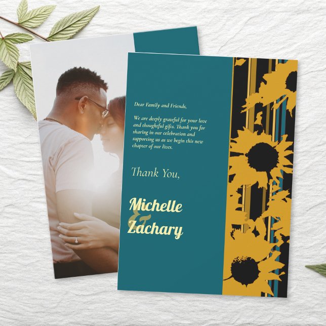 Carte De Remerciements Modern Sunflower Teal Blue Gold Wedding (Créateur téléchargé)