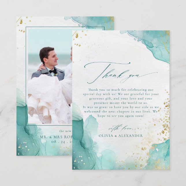 Carte De Remerciements Modern Teal Gold Abstract Beach Wedding Photo (Devant / Derrière)