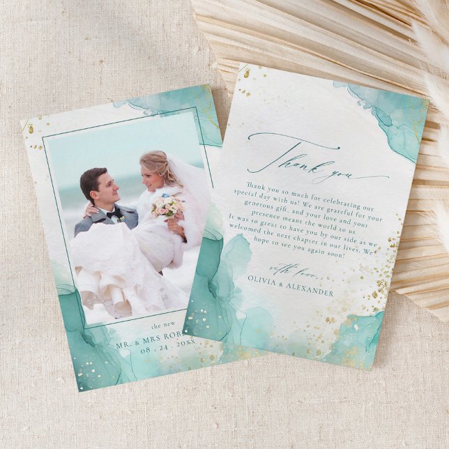 Carte De Remerciements Modern Teal Gold Abstract Beach Wedding Photo (Créateur téléchargé)