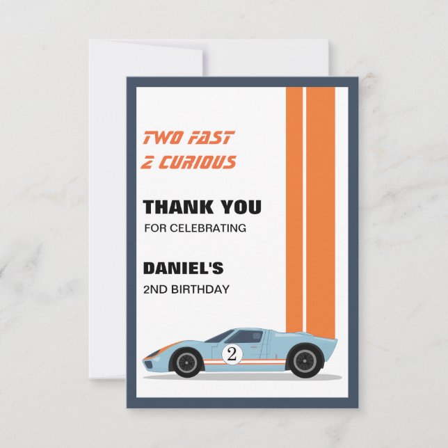 Carte De Remerciements Modern Two Fast Race Car Boy 2e anniversaire (Devant)