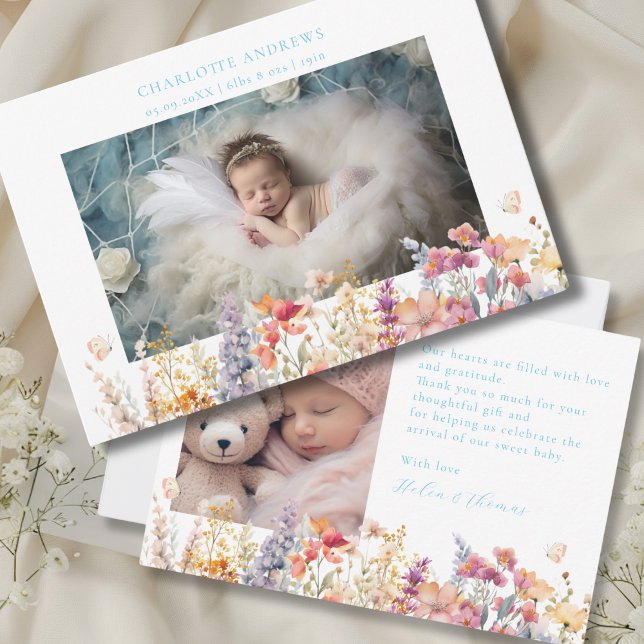 Carte De Remerciements Modern, Wildflower, 2 Photo New Baby Thank You  (Modern, Wildflower, 2 Photo New Baby Thank You Card. For Baby Boy.)