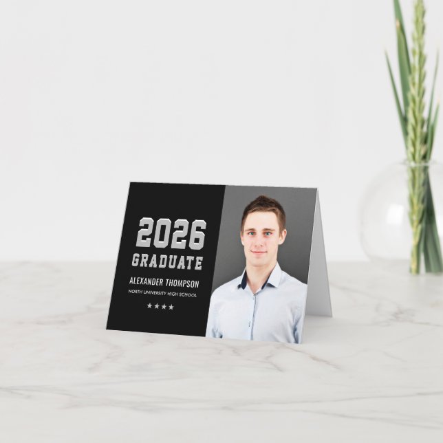 Carte De Remerciements Moderne 2025 Graduate Black Grey Photo Graduation (Devant)