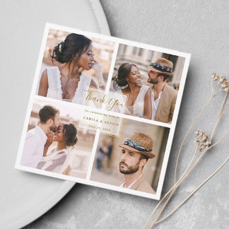 Carte De Remerciements Moderne 4 Photo Collage Gold Carré Mariage