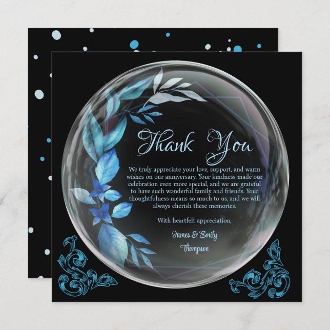 Carte De Remerciements Moderne Anniversaire Jubilé Floral Bleu Noir (Devant / Derrière)