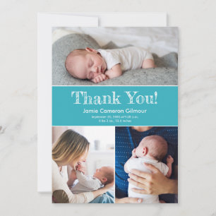 Carte De Remerciements Moderne Bleu Turquoise 3 Photo Baby shower Naissan
