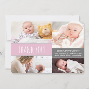 Carte De Remerciements Moderne Blush rose et gris Accueil Bébé Fille