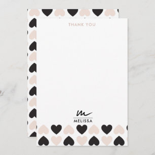 Carte De Remerciements Moderne Blush rose noir Coeurs d'amour Monogramme
