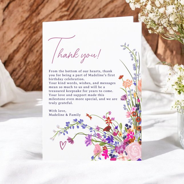 Carte De Remerciements Moderne Cute Floral Fleurs sauvages 1er anniversai (Modern Cute Floral Wildflowers 1st birthday Thank You Card)