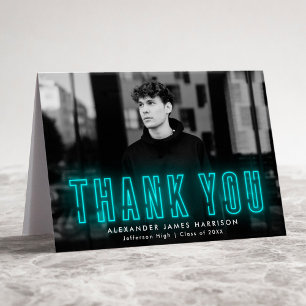 Carte De Remerciements Moderne Cyan Neon Photo Graduation
