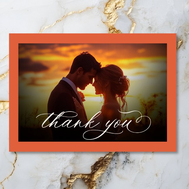 Carte De Remerciements Moderne Écriture Orange Coucher de Soleil Photo de (Modern Sunset Orange Script Minimal Photo Wedding Thank You Card)