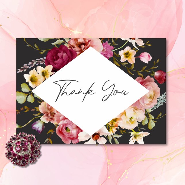 Carte De Remerciements Moderne Elégant été prairie floral noir Mariage (Modern Elegant Summer Meadow Floral Black Wedding Thank You Card)