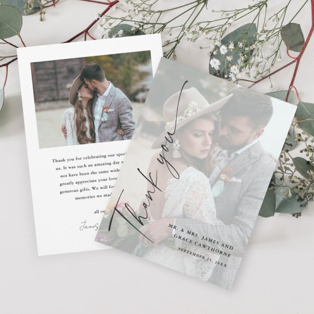 Carte De Remerciements Moderne Elegant noir et blanc 2 Mariage photo (Créateur téléchargé)