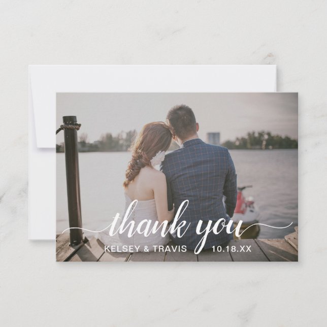 Carte De Remerciements Moderne Élégant Simple Mariage Photo Script (Devant)
