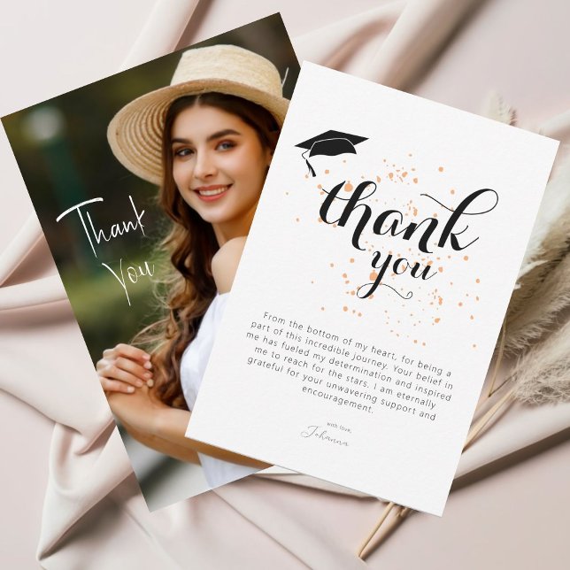 Carte De Remerciements Moderne et tendance Graduation photo simple (Perfectly blending black and white elegance with a retro boho touch.)