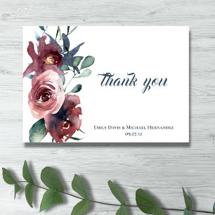 Carte De Remerciements Moderne Floral Bordeaux Navy Rose Blush