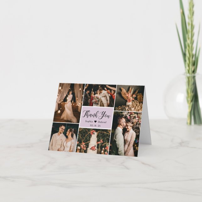 Carte De Remerciements Moderne Lilac Calligraphie 6 Photo Collage Mariage (Devant)