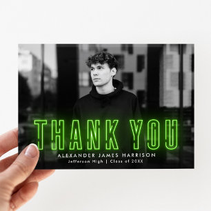 Carte De Remerciements Moderne Lime Green Neon Photo Graduation