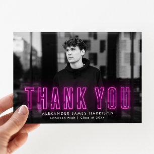 Carte De Remerciements Moderne Magenta Neon Photo Graduation