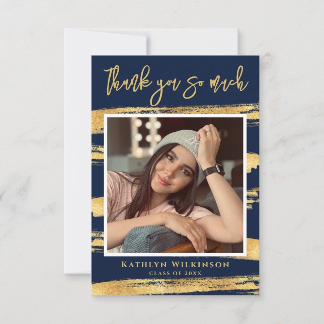 Carte De Remerciements Moderne Marine Bleu Gold Script Chic Photo Graduat (Devant)