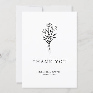 Carte De Remerciements Moderne minimaliste noir Mariage de bouquet floral