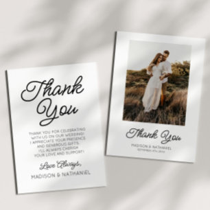 Carte De Remerciements Moderne minimaliste noir Mariage photo blanc