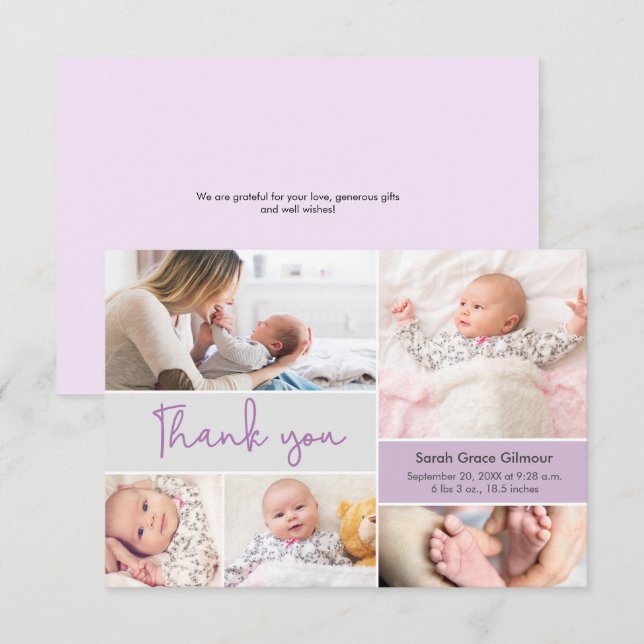 Carte De Remerciements Moderne Purple Baby girl Custom photo collage (Devant / Derrière)