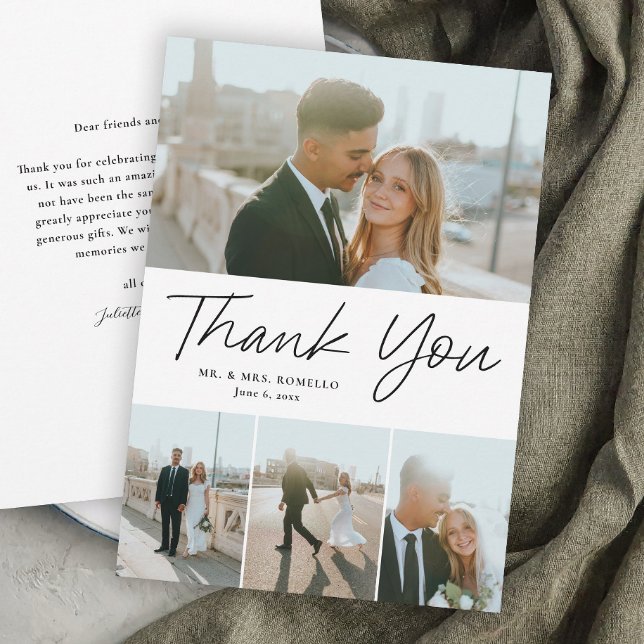 Carte De Remerciements Moderne simple écriture 4 Photo Mariage (Modern Script Wedding 4 Photo Thank You Cards.)