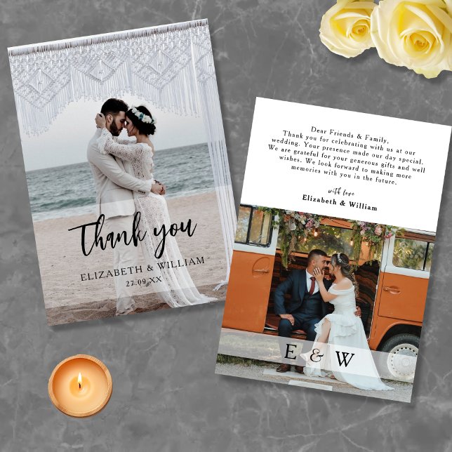 Carte De Remerciements Moderne Simple recouvert blanc 2 Mariage photo (Modern Simple white overlay 2 Photo Wedding Thank You Card)