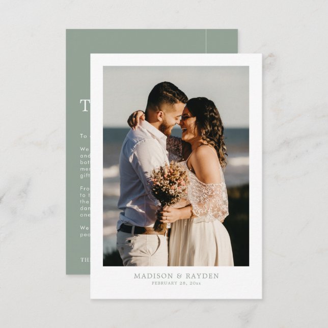 Carte De Remerciements Moderne Simple Sage Green avec Mariage photo (Devant / Derrière)